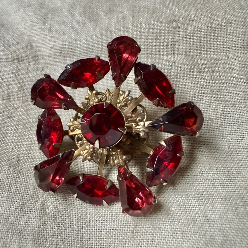 Red Crystal Floral Statement Brooch - Victorian
